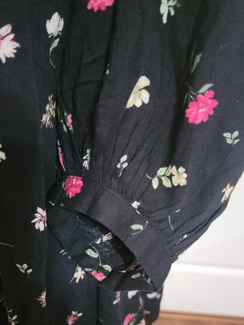 Old Navy Black Floral Split-Neck Peasant Blouse with Pink & White Flowers - Picture 3 of 5